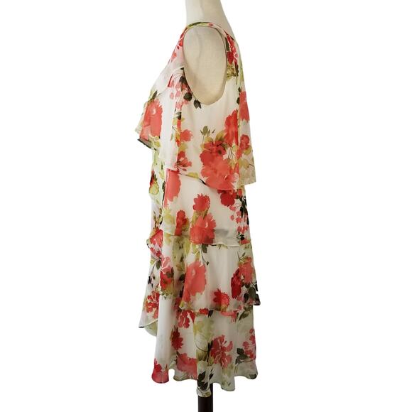 SL Fashions Red Yellow Green Cream Floral Sleeveless Tiered Ruffle Dress 14 P - Picture 2 of 6